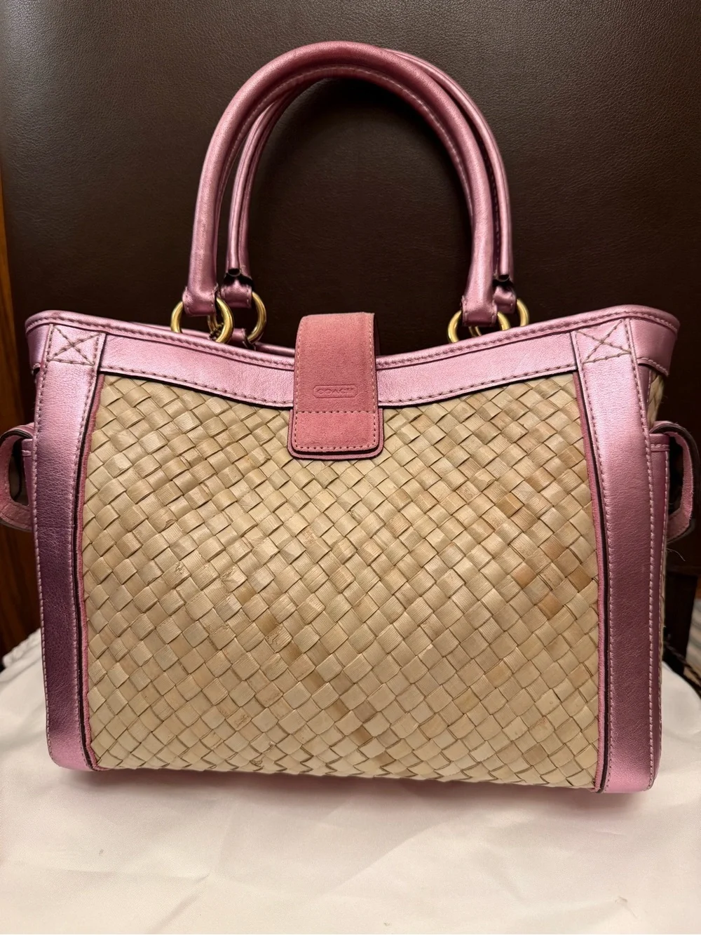 Vintage Coach Summer Satchel w/ Pink Metallic Leather, Suede & Gold Hardware